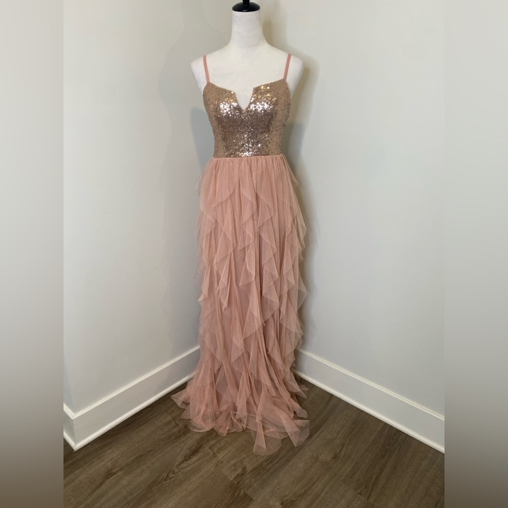 Speechless Gold and Pink Bustier Tiered Prom Dress